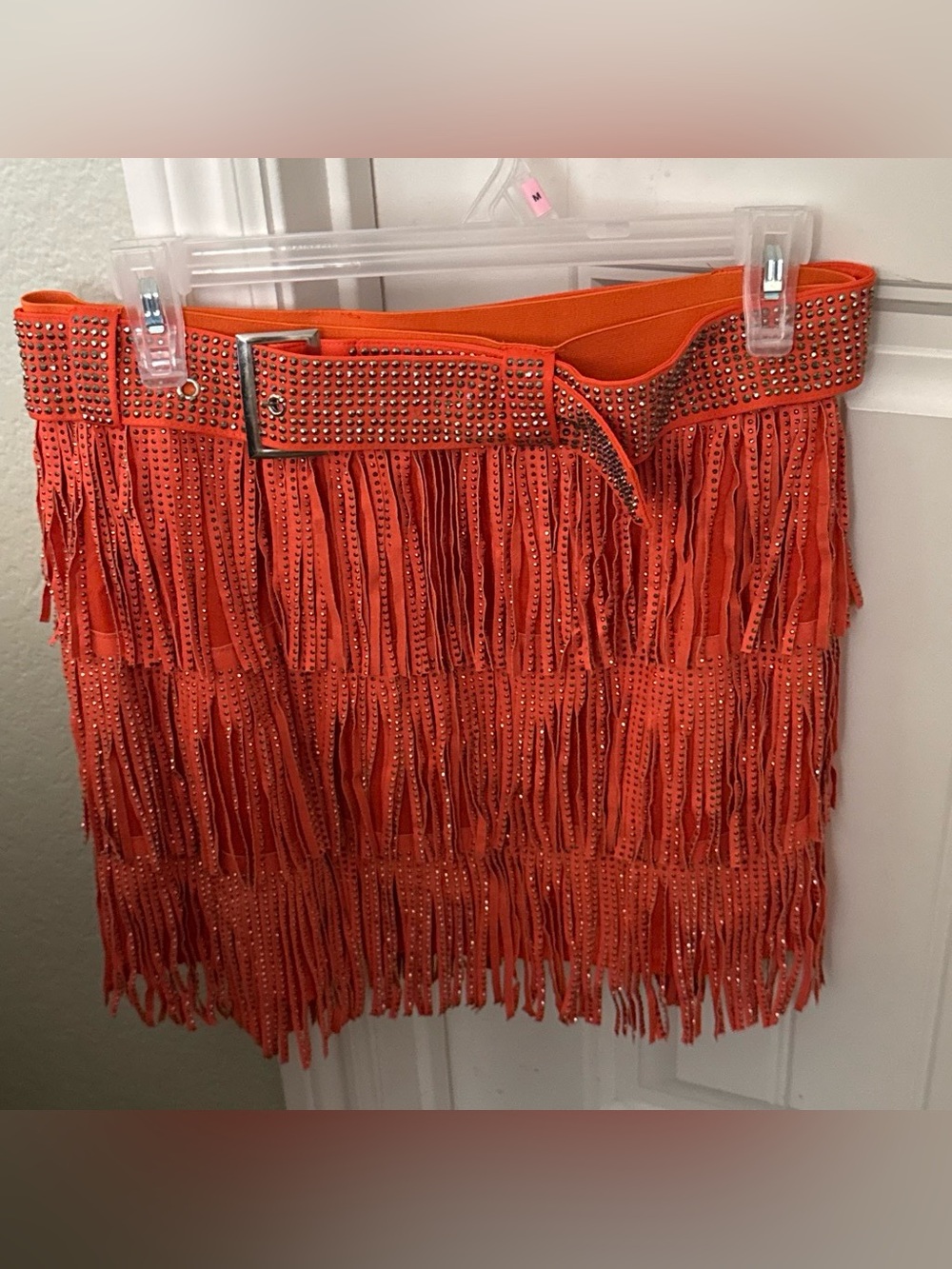 Studded Orange Fringe Mini Skirt with Matching Belt Karol G Tropicoqueta